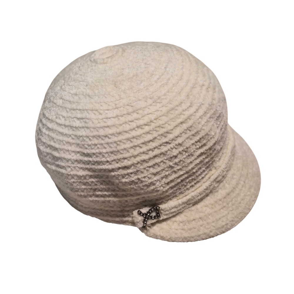 VTG Betmar New York Cream Chenille Newsboy Cap Baker Boy Hat Rhinestone Accent